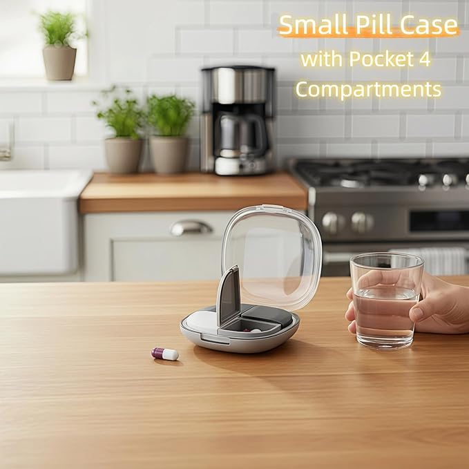 Portable Pill Organizer, Small Pill Case with Pocket 4 Compartments, Travel Pill Box, Pill Container to Hold Vitamin, Fish Oil, Supplement or Jewelry (Black, 4 Case)