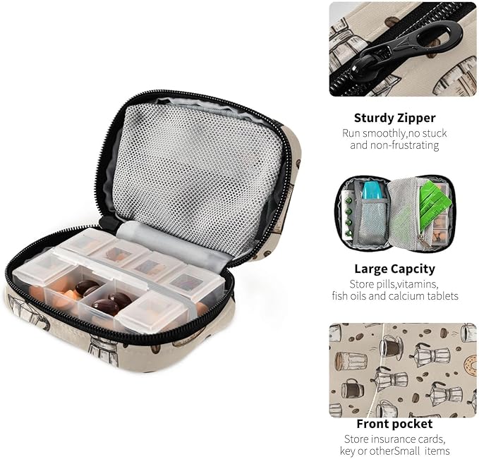 Beige Donut Coffee Cups and Moka Pots Travel Pill Organizer Case Box Container Weekly Portable Vitamin Medicine Holder Storage Bag with Zipper Removable