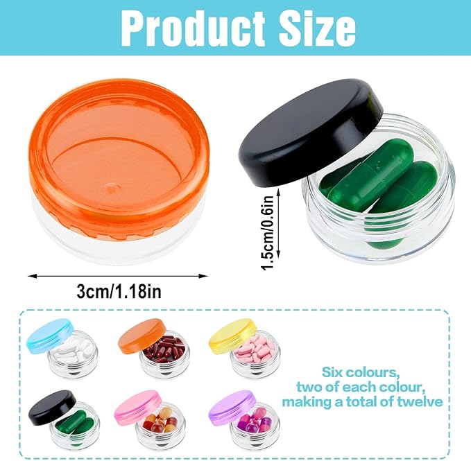 12Pcs Small Pill Box, Portable Travel Mini Pill Organizer Box Daily Medicine Case Holder for Pocket Purse Briefcase Cod Liver Oil Storage Container (Black/Purple/Orange/Blue/Yellow/Pink)