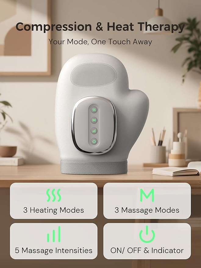 【Christmas Gift】Hand Massager with Heat & Compression – Relief for Arthritis, Carpal Tunnel, & Muscle Tension – 3 Massage Modes, 5 Compression Levels, & Adjustable Temperature – Gift for Women, Men