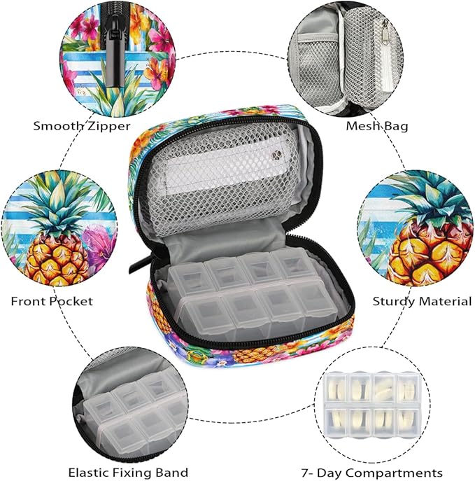 Tropical Pineapple Fruit Pill Case Travel Pill Organizer Weekly 7 Day Portable with Zipper Medicine Box Pill Case for Vitamins, Birth Control,Fish Oils,Medication, Supplements