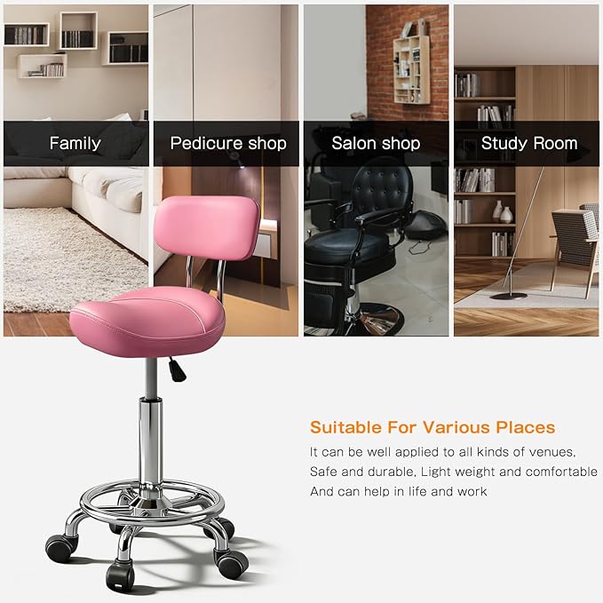 Saddle Stool with Ring Pedal and Back, Adjustable Hydraulic Rolling Chair with Wheels for Medical, Massage, Salon, Spa, Kitchen, and Drafting Use