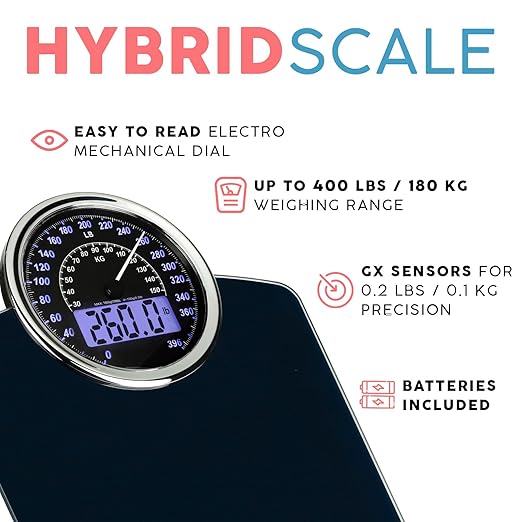 Adamson Hybrid 2-in-1 Analog & Digital Weighing Scale for Body Weight up to 400lbs - Thick Tempered Glass - Extra Large Display - Easy to Read Digital Bathroom Scale - New