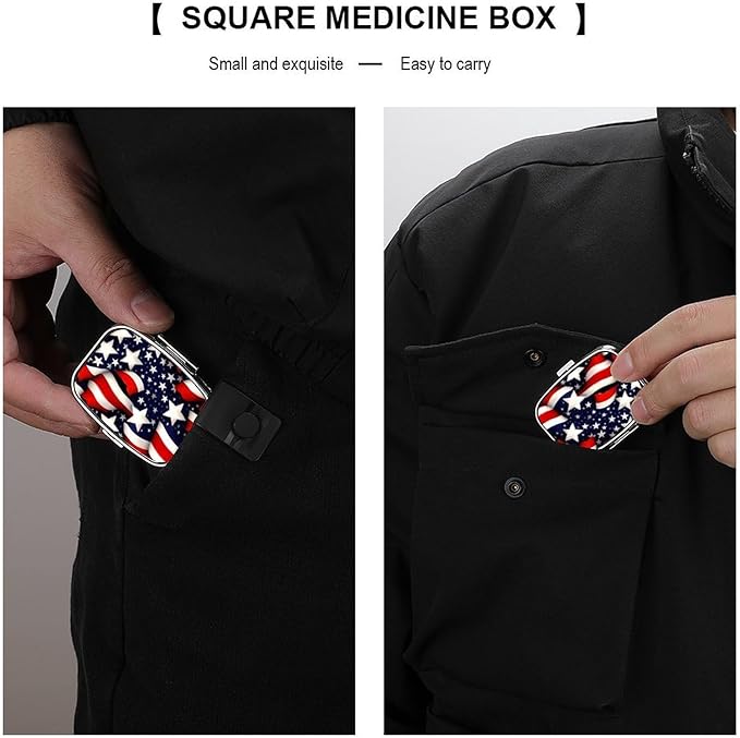 American Flag Stars Stripes Pill Box for Women Men Pocket Square Pill Case Decorative Box Medicine Vitamin Metal Pill Organizer Portable Pill Holder for Travel Unique Gift