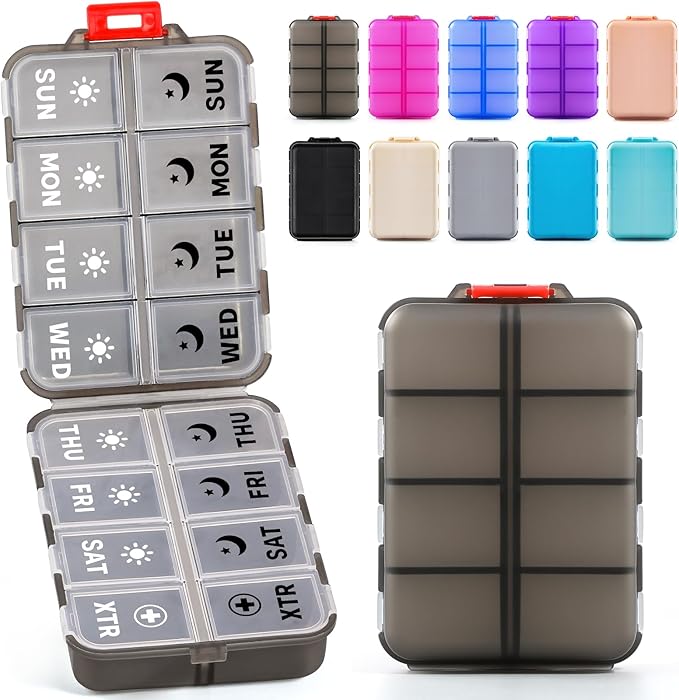 Foldable Weekly Pill Organizer 2 Times a Day with 2 Extra Compartments (Clear Printed Labels) - 7 Day AM PM Medicine Box, Week Daily Travel Pill Case Holder for Vitamin, Supplement - Clear Black