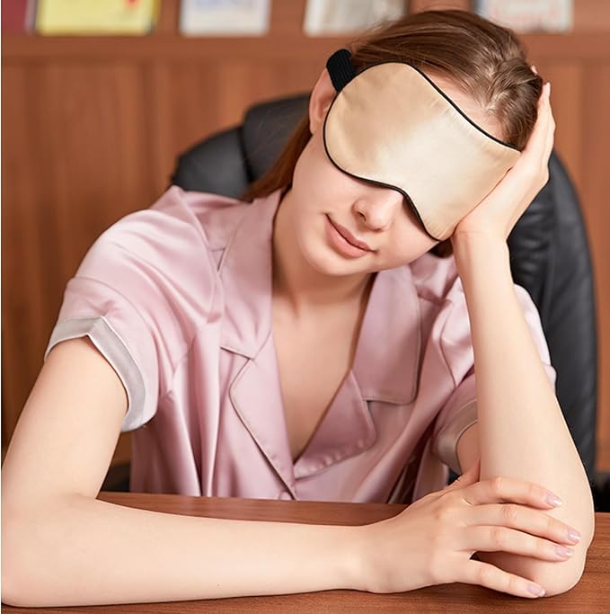 100% Mulberry Silk Sleep Mask for Women/Men Airplane Travel, Pure 22 Momme Silk Eye Mask Blackout for Sleeping, Ajustable, Luxury, Anti Wrinkle, Anti Aging Silk Blindfold, Made in USA (Champagne)