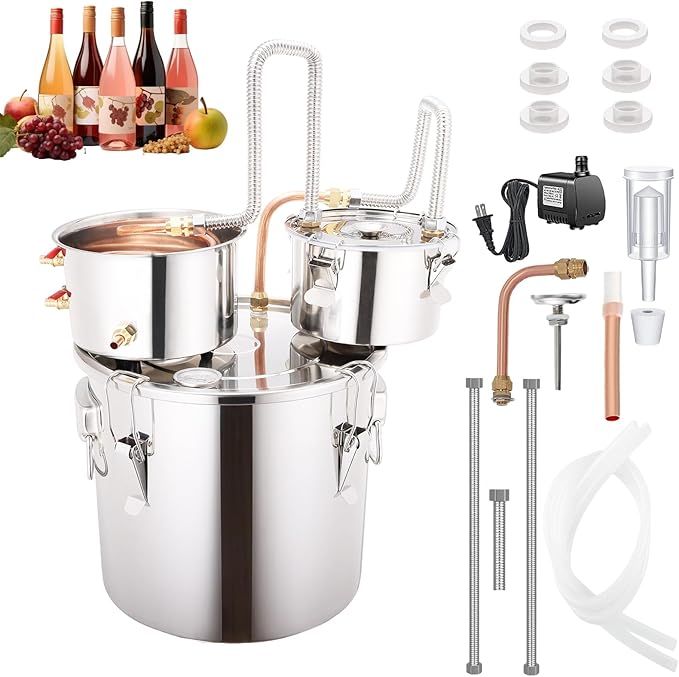Shine Still 5 GAL 3 Pots Distillery Kit for Alcohol Stainless Steel Copper Tube Complete with Thumper Water Pump Metal Thermometer Fermentation Airlock Distilling for Whiskey, Brandy etc.
