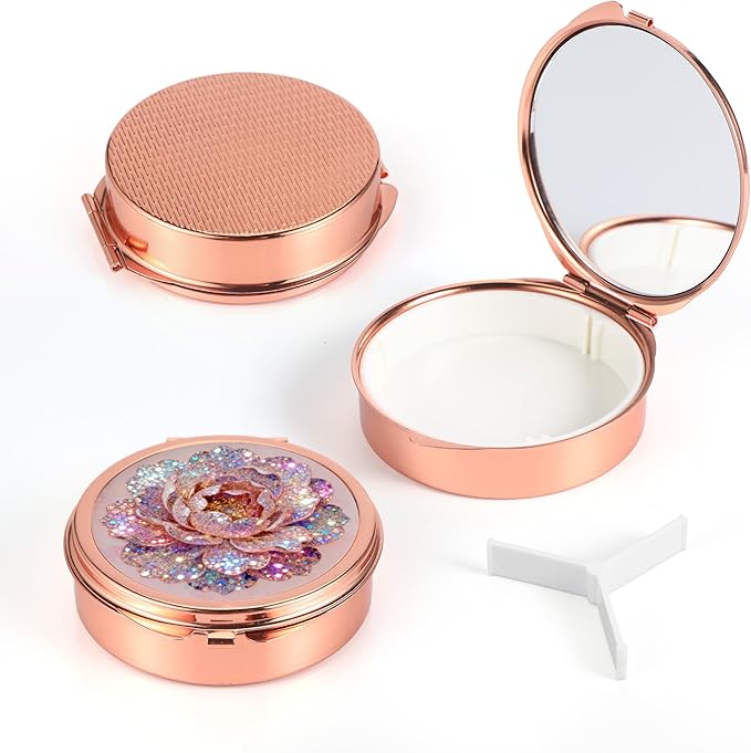 Dynippy Pill Case Pill Box with Mirror Pocket 3 Compartment Medicine Case Vitamin Pill Organizer for Pocket Purse and Travel (Round, Rose Gold-Glitter Rose)