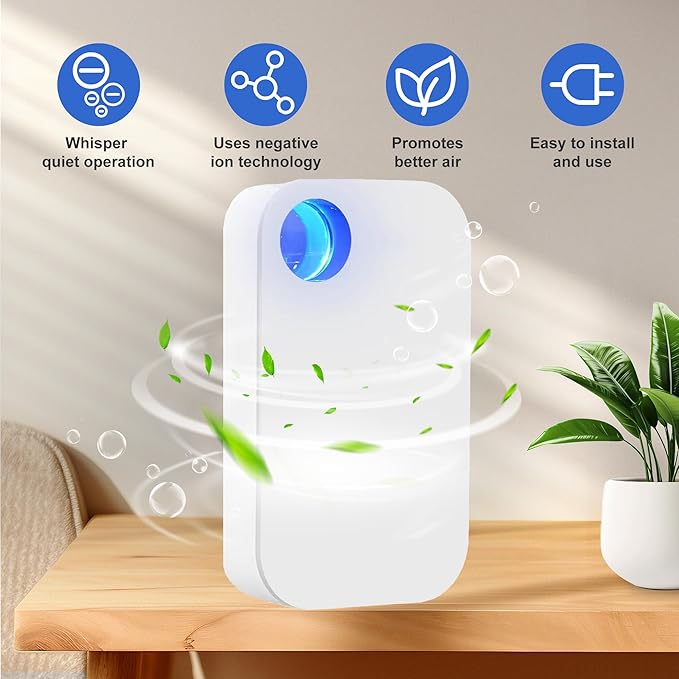 2026 New Upgraded Plug In Ionic Air Purifier with 4 Negative Ion Outlet, Small Air Ionizers for Home,Quiet Operation Air Freshener Mobile Air Cleaner for Bedroom,Living Room,Bathroom(2)