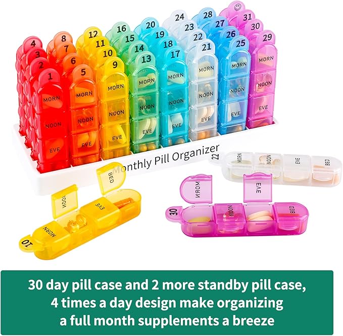 Daviky Monthly Pill Organizer 4 Times a Day, 30 Day Pill Organizer with Daily Pill Box Organizer, One Month Medicine Pill Case, 31 Day Pill Container Pill Holder to Hold Supplement and Medication