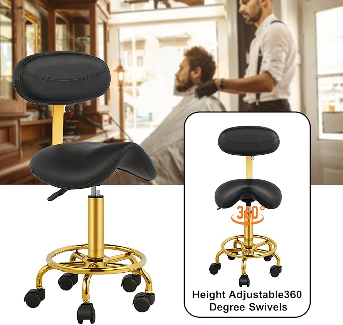 Saddle Rolling Chair Saddle Stool with Backrest Ergonomic Stool with Wheels Hydraulic Adjustable Soft Comfortable Cushion for Salon Tattoo Shop Spa Home Office Dentist Black