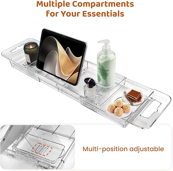 Expandable Bathtub Tray, Foldable Bath Tray for Tub, Acrylic Bath Table Trays Storage Rack, Bath Tub Tray for Bathtub & Bathroom Accessories (Transparent Bathtub Tray, 22"L x 7.8"W x 1.7"H)