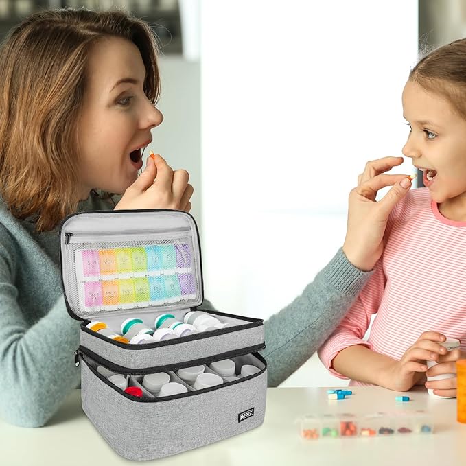 Medicine Storage Bag,Double Layers Pill Bottle Organizer Bag Empty with Lockable Zipper&Adjustable Divider,Medication Travel Carrying Bag for Pills,Vitamins,Medical Supplies,Grey