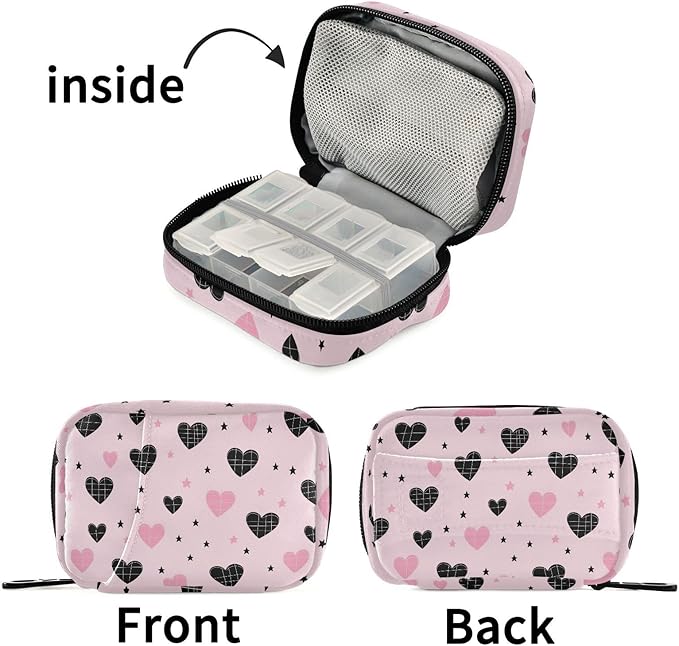 Fustylead Cute Pink and Black Heart with Grid Design Travel Pill Organizer Bag with Zipper Small Pill Box 7 Day Pill Case for Purse Storage Weekly Vitamin Medicine Supplement