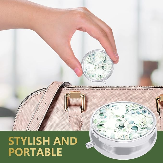 Nipichsha Pill Box, Small Pill Case for Purse & Pocket, Cute Travel Medicine Organizer, Portable Medicine Container Holder to Hold Vitamins, Medication, Fish Oil & Supplement, Eucalyptus Leaf
