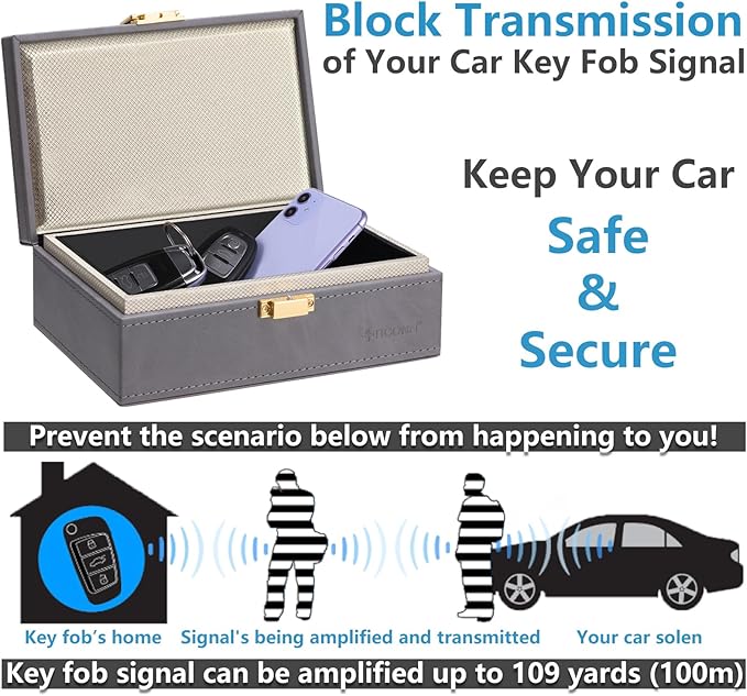 TICONN Faraday Box, Car Key Fob Protector, PU Leather Faraday Cage Signal Blocker for Keyless Fob, RFID Signal Blocking Pouch Cage (Grey Slim)