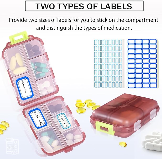 Travel Pill Organizer Portable Pocket Pill Case Small Pill Box for Purse Medicine Organizer Have 10 Compartments Storage Vitamin Fish Oil by INVODA (1PCS Red+Lables)