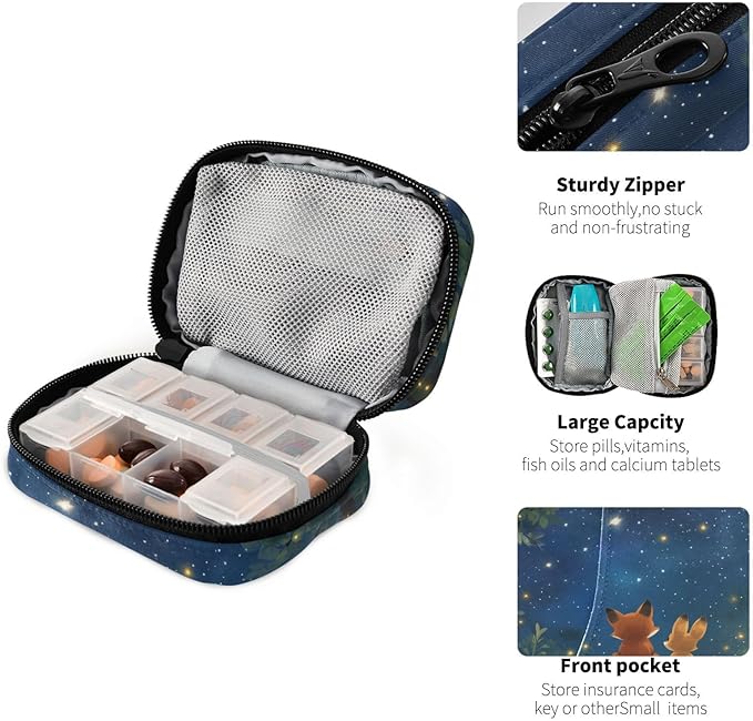 Cute Cartoon Fox Medication Organizer Bag Travel Size Full-Print Zippered Pill Case with Compartments for Handbags Backpacks & More