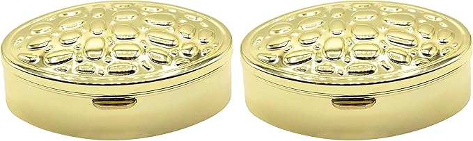 Set of 2 Oval-Shaped Pocket Purse Pill Box & Organizer with Dual Compartments (Gold Lattice)