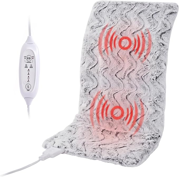 Heat Massaging Weighted Heating Pad for Back Pack, Weighted Electric Heating Pad with Massaging Vibrations 3.7lb Non-Toxic Beads 4 Heat Settings 4 Massage Modes 2h Auto-Off (Grey White, 12"x24")