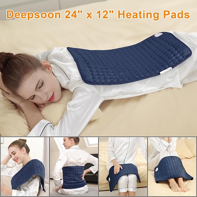 Deepsoon Heating Pad,Electric Heating Pads for Back,Neck,Abdomen,Moist Heating Pad for Shoulder,Knee,Arms,Legs,Dry/Moist Heat & Auto Shut Off,Christmas Gifts for Men and Women,Navy Blue,24x12 Inch