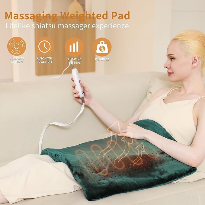 Massaging Weighted Heating Pad - Electric Heating Pad for Back Pain Relief with Massager, 3 Heat, 6 Massage, Auto Off, Extra Large Vibrating Heat Pad for Shoulder Neck (Hunter Green, 12"×24")