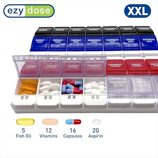 EZY DOSE Weekly (7-Day) Pill Organizer, Vitamin Container, and Daily Medicine Planner, 2X-Large Push Button Compartments, Arthritis Friendly, Easy to Use, 4 Times a Day, Color-Coded Lids, BPA Free