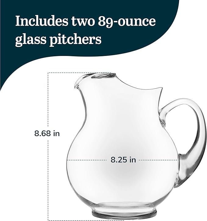 Libbey Acapulco Large Glass Pitcher Set of 2, 89 Oz, Clear, Tall Bubble Glass Pitchers with Handle, Modern Drink Pitchers for Iced Tea, Punch and More