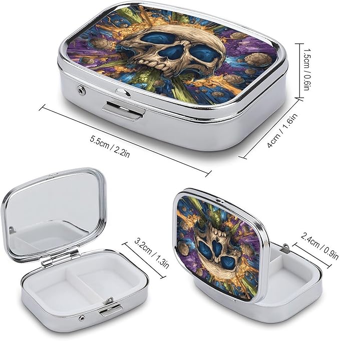 Metal Pill Organizer – 2-Compartment Pocket Pill Box for Vitamins, Supplements, Medications – Compact Travel Case (Explosion Skull Pop Art)