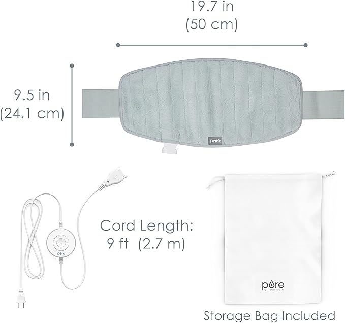 Pure Enrichment PureRadiance Lumbar & Abdominal Luxury Heating Pad for Pain Relief, Patented Design, Soft Faux Fur & Micromink, 6 Heat Settings, Adjustable, Machine Washable, 9.5”x19.7” (Aquamarine)