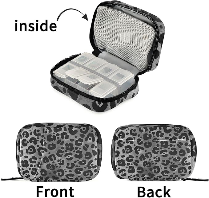 Pill Box Leopard Print 7 Day Pill Case Travel Pill Organizer Bag with Zipper Portable Weekly Vitamin Medicine Supplement Holder Pouch Bag