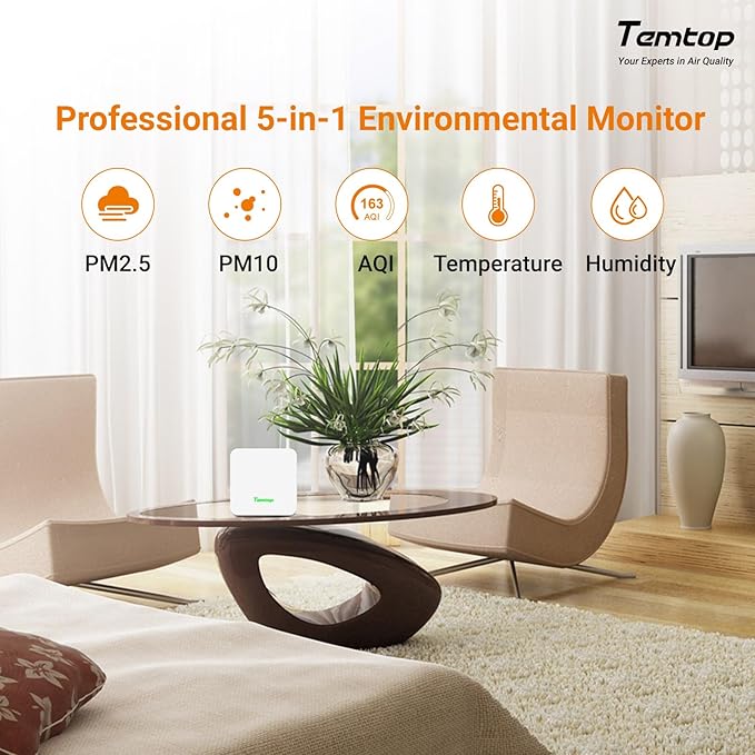 Temtop P1 Air Quality Monitor, PM2.5/PM10/Temperature/Humidity Sensor with Bluetooth App, AQI Tracking & Portable Design for Home, Office, Car, and Travel Use