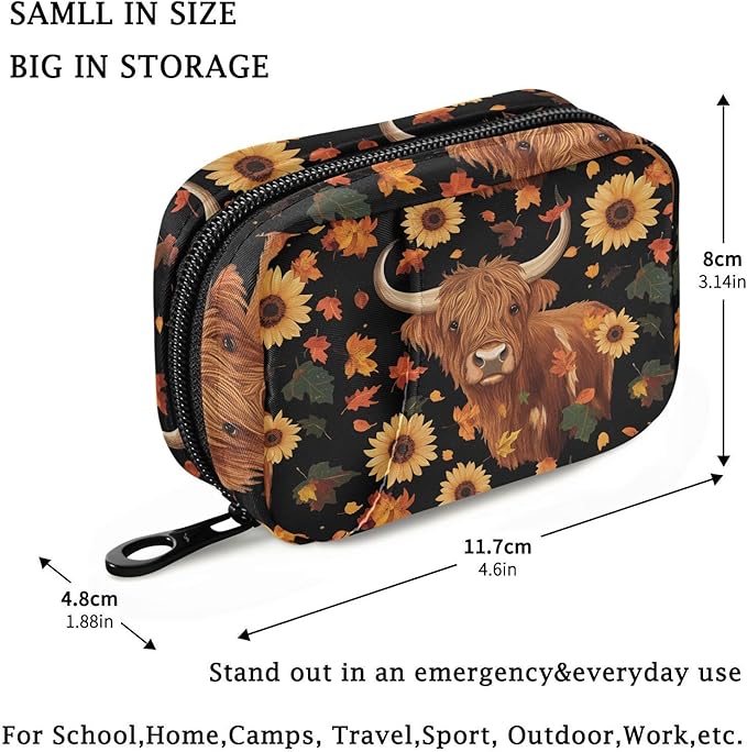 Fustylead Brown Highland Cow Sunflowers Pumpkins and Falling Leaves Pill Organizer Travel Bag, Small Portable Pill Case Cute for Vitamin Fish Oil Supplements Medicine Organizer with Zipper