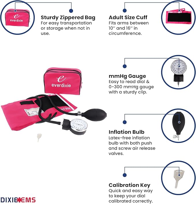 Dixie Ems Deluxe Aneroid Sphygmomanometer Blood Pressure Set W/ Adult Cuff, Carrying Case and Calibration Tool - Pink