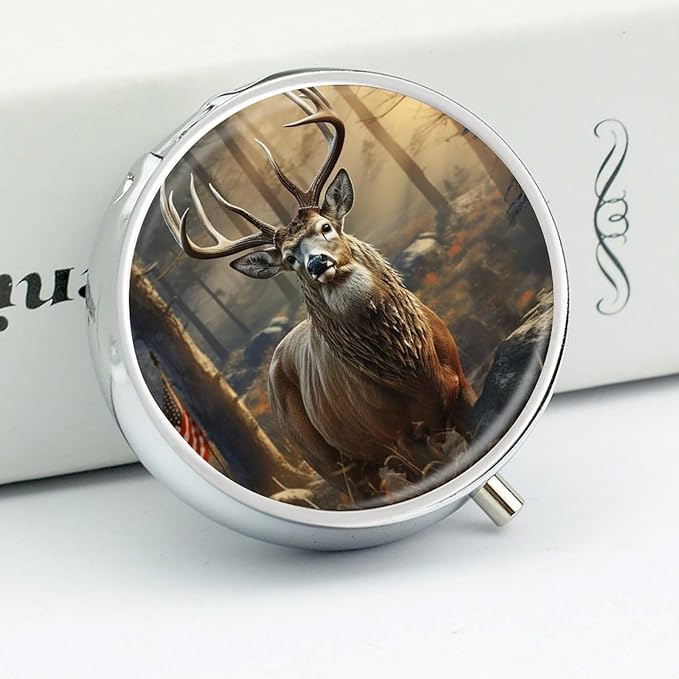 Deer Hunting Season Pill Box 3 Compartment Waterproof Pill Case with Mirror Round Container Metal Medicine Box Organizer Portable Vitamin Case for Pocket & Purse Travel