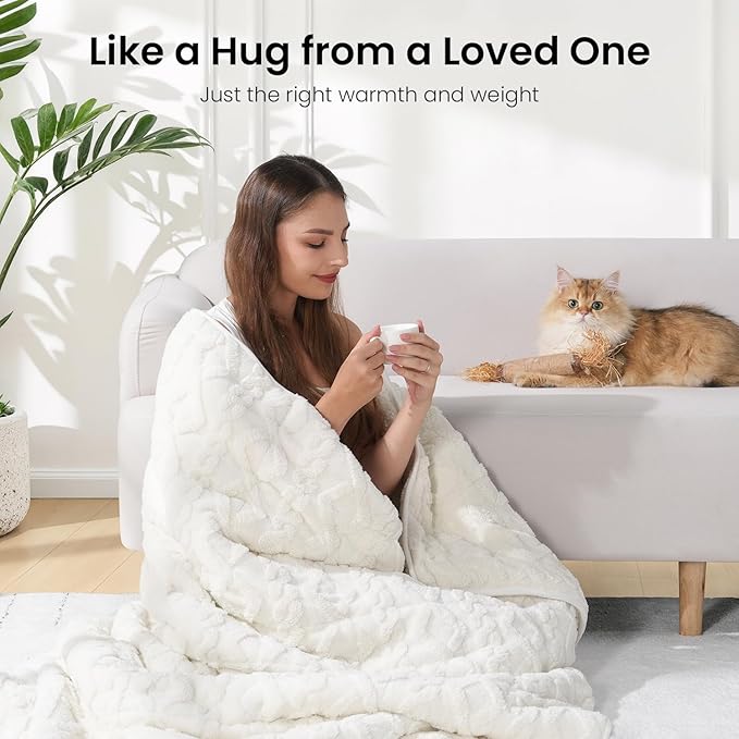 Drewin Weighted Blanket 15lbs Queen Size, Soft and Thick Jacquard Sherpa Heavy Blanket for Calming and Relax, Dual Sided Ultra Soft Fuzzy Throw Blanket with Ceramic Beads, 60 x 80 inches, Cream White