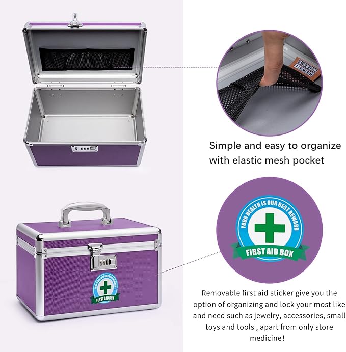 Combination Locking Medicine Box with Portable Storage Case，12.2''x 7.2''x 7.6'', Childproof Medication Lock Organizer，Lockbox for Secure Cash, Jewelry, ID Documents (Purple/Medium)