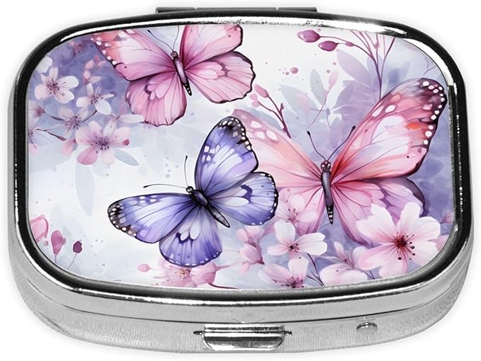 Watercolor Butterfly Flowers Pill Box with Mirror 2 Compartment Metal Square Small Pill Case for Purse Pocket Portable Pill Container Holder Travel Medicine Organizer for Vitamin Fish Oil Supplement