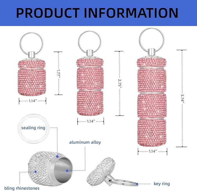 Keychain Pill Holder Box Travel Small Pill Case Bling Portable Purse Medicine Case Container Metal Pill Organizer Fob for Vitamin Medicine(Pink)