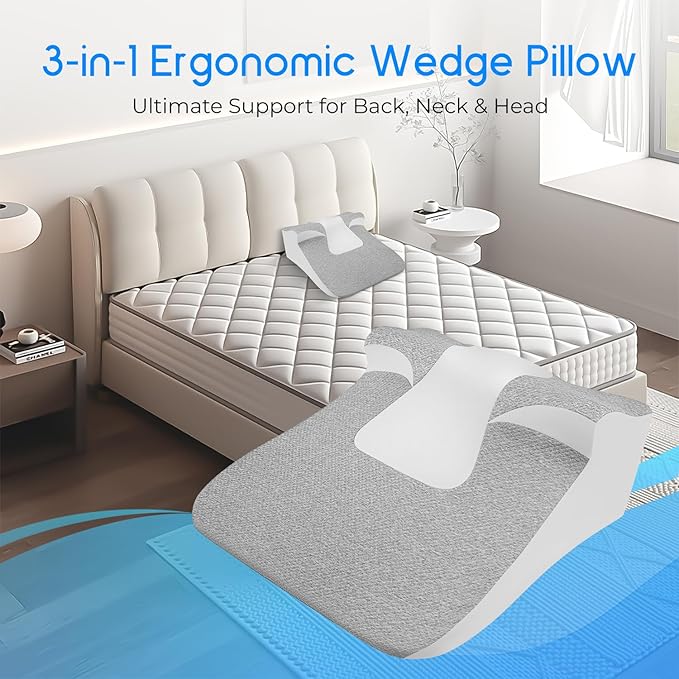 Bed Wedge Pillow for Sleep Apnea, Acid Reflux & Snoring Relief - Post-Surgery Recovery Pillow with Ergonomic 3-in-1 Certified Memory Foam for Back, Neck & Head Support