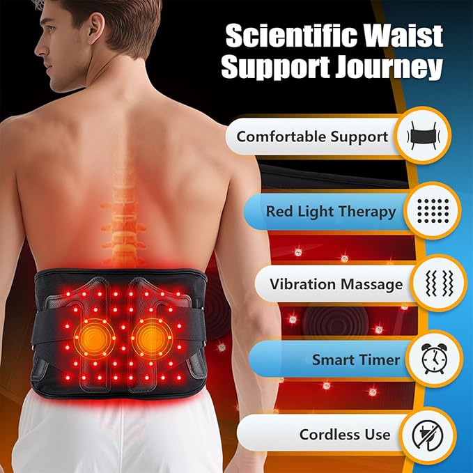 Red Light Therapy Belt for Back & Waist, 660nm 850nm Wearable Red Light Belt with Heat & Vibration, Rechargeable 5000mAh Cordless Heating Pad, 46 LEDs