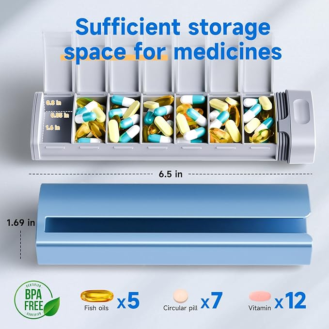 Travel Pill Organizer Weekly, 1 Time a Day ，Upgrade Premium Aluminum Alloy Daily Pill Box 7 Day, Portable Metal Pill Case, Cute Pill Holder to Hold Vitamins, Medicines, Pills, Supplements (Blue)