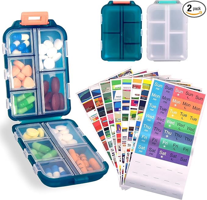 2 Pcs Travel Pill Organizer with Labels, Portable Travel Medicine Daily Pill Container Organizer 7 Day Pill Case Storage Vitamin Fish Oil (White & Blue, 320 Medicine Lables)