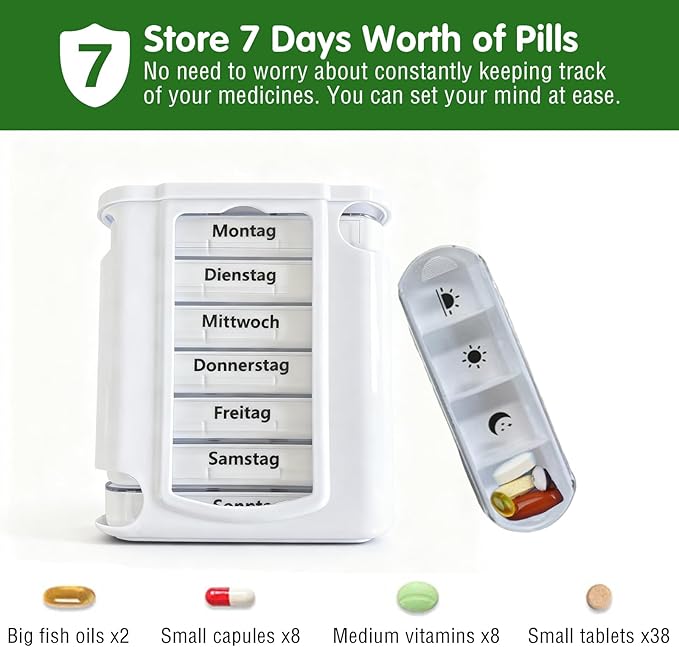 Weekly Stackable Pill Organizer, 4 Times A Day Pill Organizer Box Morning, Noon, Evening, and Bedtime,7 Stackable Compartments，White