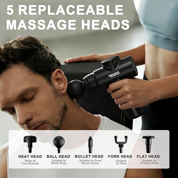 Massage Gun with Heat, Deep Tissue Neck Massager Gun Back Massager for Pain Relief with 5 Heads & 6 Speeds Portable - Birthday Gifts for Men Women
