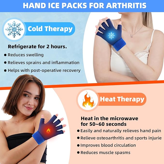 Finger Arthritis Compression Hand Ice Pack Gloves for Pain Relief, Blue Adjustable Wrist Ice Pack for Hot & Cold Therapies, Reusable Gel Finger Ice Glove Sleeve for Tendinitis, Carpal Tunnel