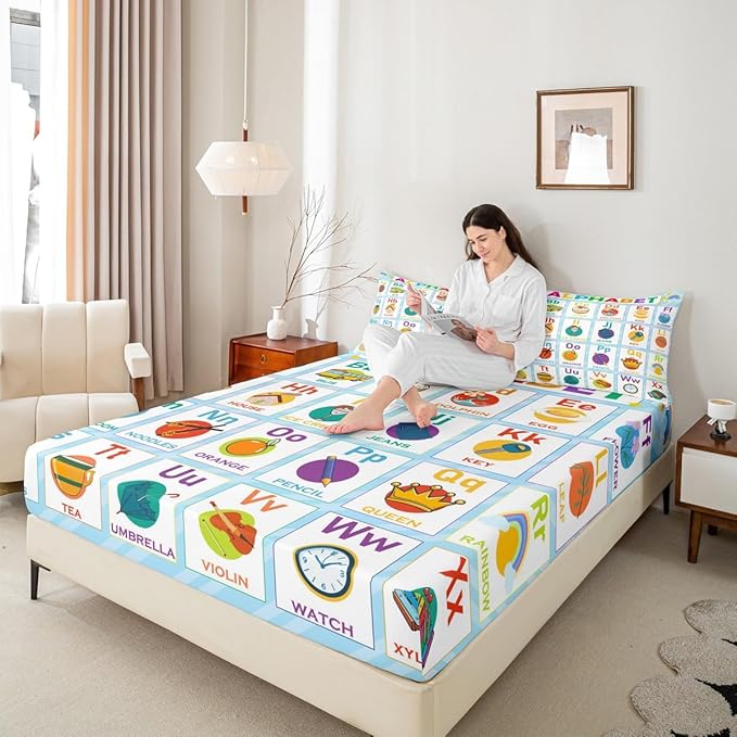 Alphabet Fitted Sheet Full Size, ABC Alphabet Bedding Set Kids Toddler Learning Time Bed Sheet Educational Learning Bed Cover Lightweight