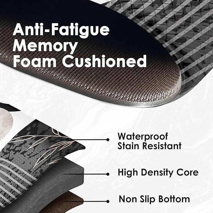 Kitchen Mats for Floor 2 PCS, Anti Fatigue Mat Set, Boho Cushioned Non Slip Waterproof Kitchen Rugs, Wipe Clean PVC Leather Runner for Sink, Laundry, Office, 17"x47"+17"x29", Black