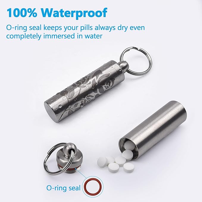aiGear Stainless Steel Mini Pill Case Inner Diameter 0.48 Inch with Necklace Light Weight Pill Holder Waterproof Small Keychain Pill Box for EDC Outdoor Hiking Camping Travel First Aid (TPF30RS)