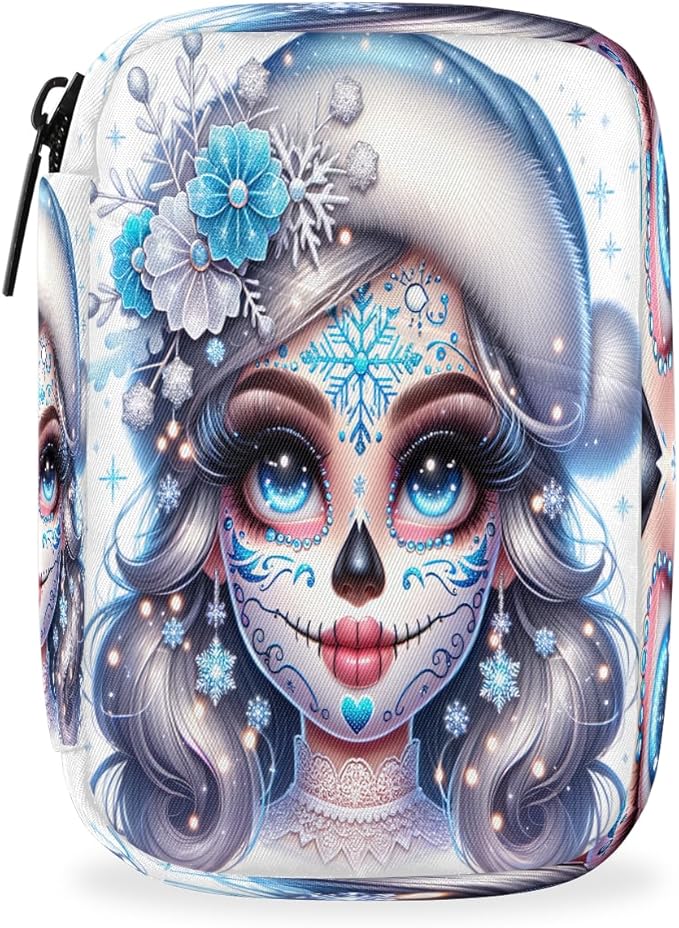 Winter Sugar Skull Girl Travel Pill Organizer Box Weekly Portable Pill Case Daily Pills 7 Day Small Birth Control Pills Container Removable Compartments for Medicine Vitamins Fish Oil